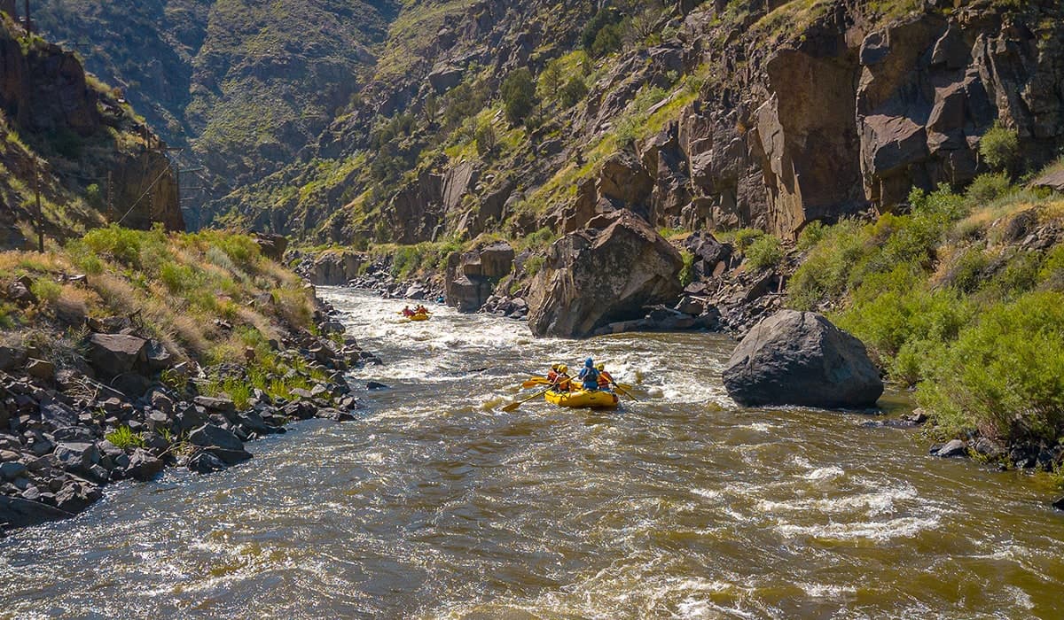 Two yellow rafts running whitewater on the Arkansas River between steep, rocky canyon walls